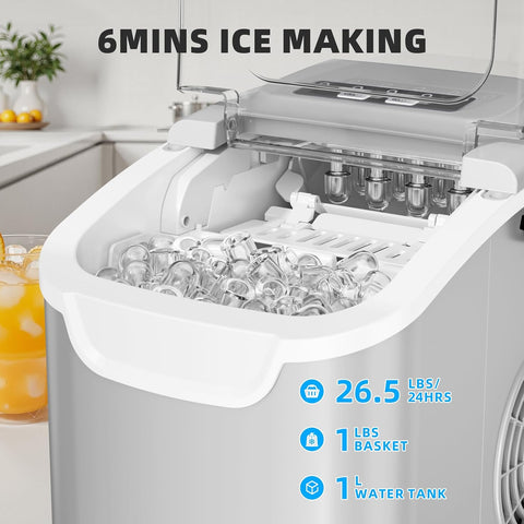 Antarctic Star Countertop Ice Maker Machine, 8 Cubes in 6 Mins, 26.5 lbs/Day, Self-Cleaning, 2 Sizes, Ultra-Quiet for Home/Kitchen/Camping/RV Grey