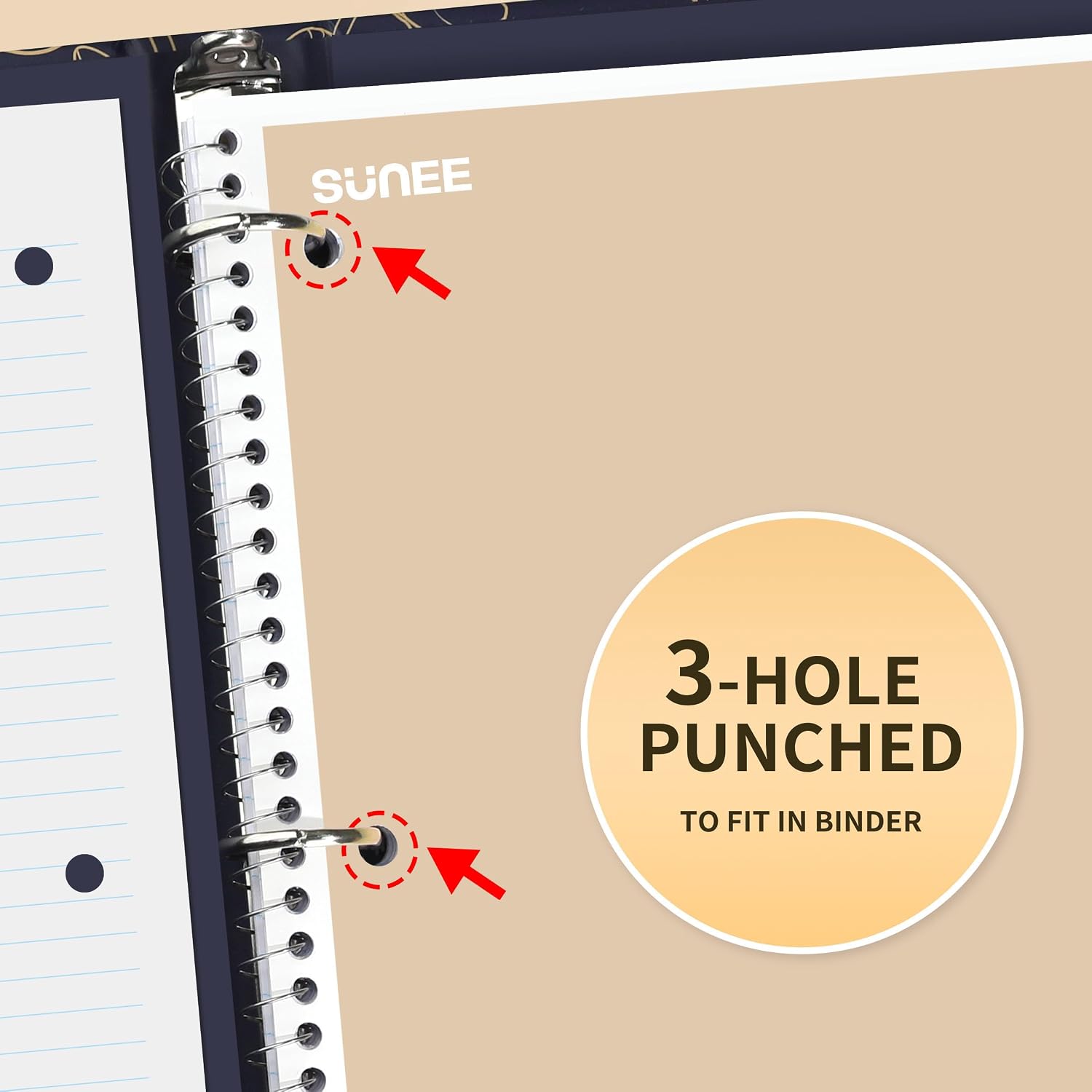 SUNEE Spiral Notebooks College Ruled, 1-Subject, 4 Pack, 8 x 10-1/2 inch, 70 Sheets per Notebook, 3-Hole Punched Paper, Green, Grey, Beige, Red for Work, Home & School, Writing Journal