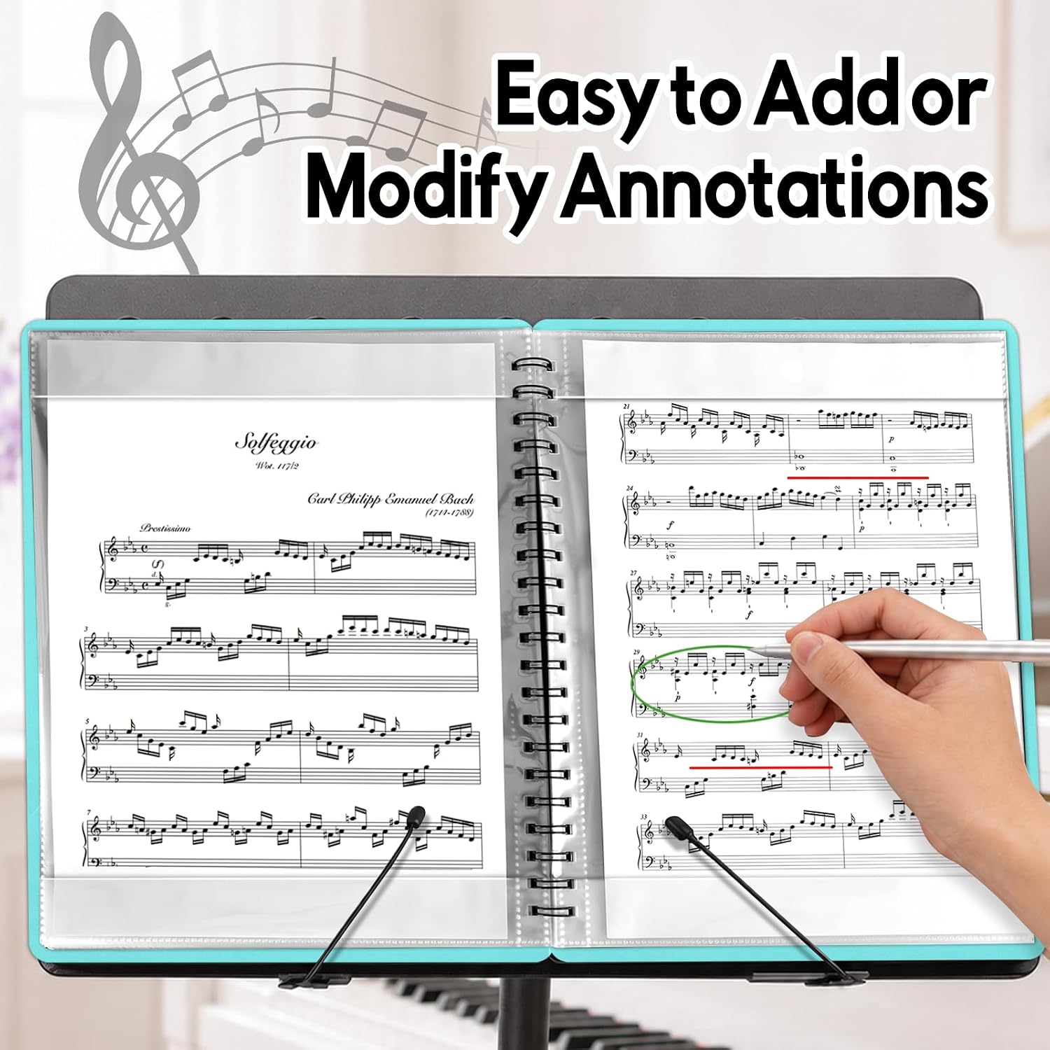 Sheet Music Folder 1 Pack, 40 Sleeves Hold 80 Pages, Easy to Annotate Pages, Music Binder with Spiral Binding that Stays Open and Lays Flat, Includes Label (Blue)
