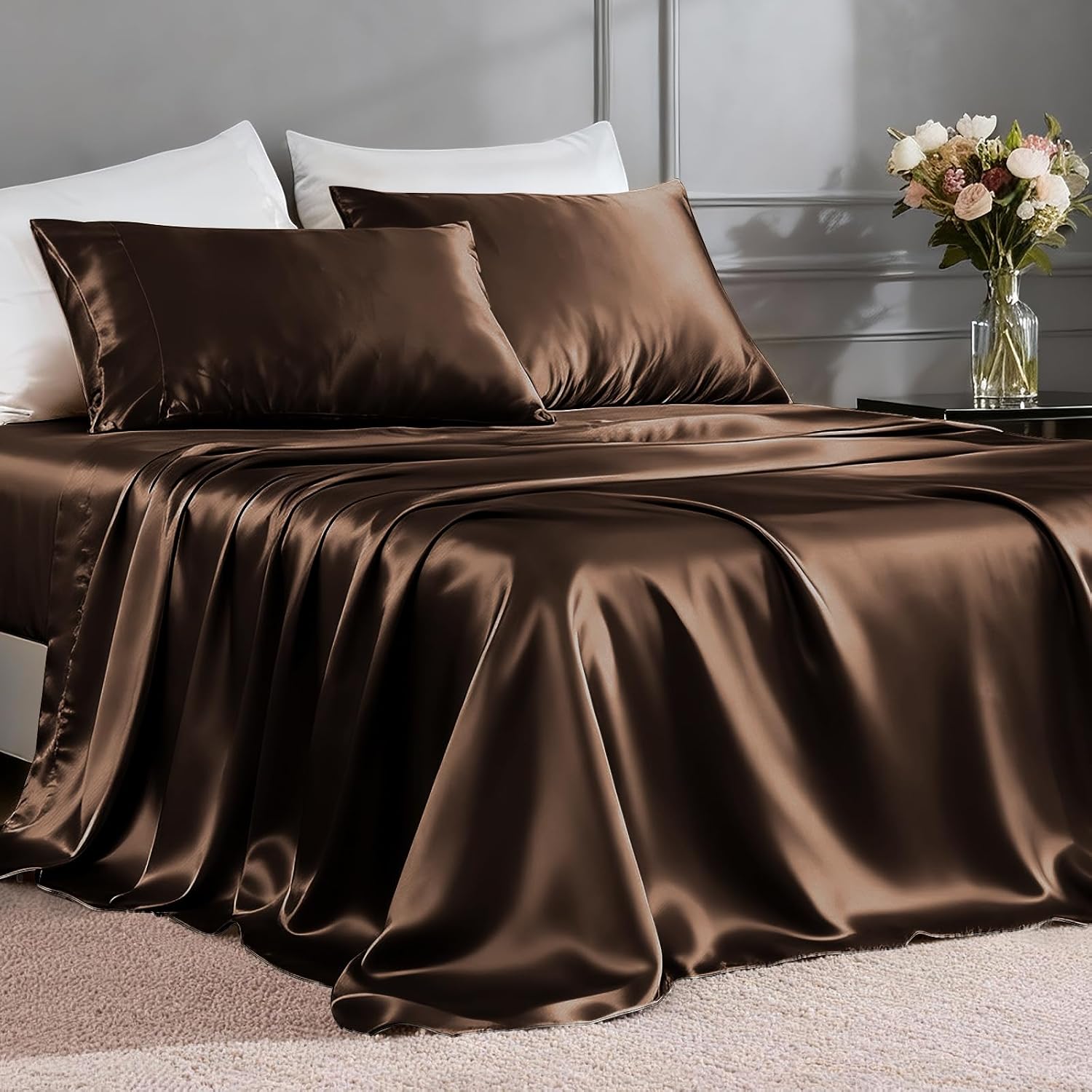 FreshCulture Satin Sheets Twin Size Bed Set - 3 Piece Luxury Soft Silky Twin Bed Sheets, Similar to Silk Sheet Set with 1 Deep Pocket Fitted Sheet, 1 Flat Sheet & 1 Pillowcase (Brown)