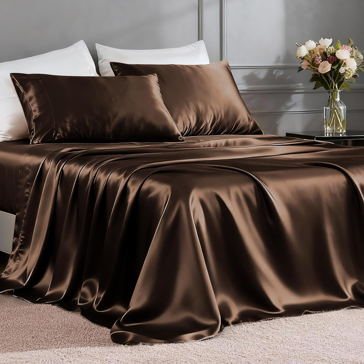 FreshCulture Satin Sheets Twin Size Bed Set - 3 Piece Luxury Soft Silky Twin Bed Sheets, Similar to Silk Sheet Set with 1 Deep Pocket Fitted Sheet, 1 Flat Sheet & 1 Pillowcase (Brown)