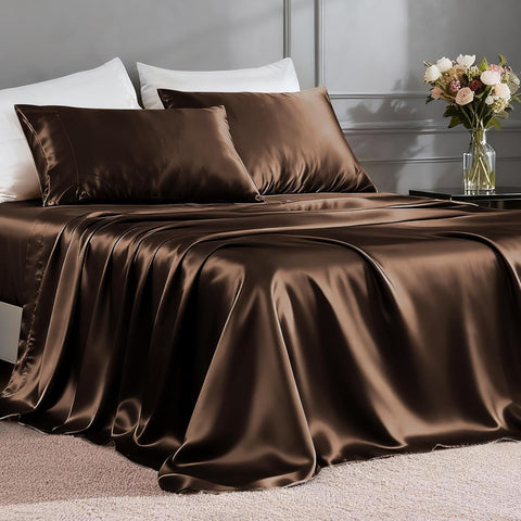 FreshCulture Satin Sheets Twin Size Bed Set - 3 Piece Luxury Soft Silky Twin Bed Sheets, Similar to Silk Sheet Set with 1 Deep Pocket Fitted Sheet, 1 Flat Sheet & 1 Pillowcase (Brown)
