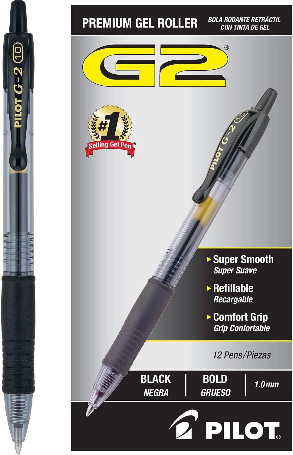 PILOT G2 Premium Refillable & Retractable Rolling Ball Gel Pens, Bold Point, Bold Gel Pens, 1.0mm, Black Ink, 12-Pack