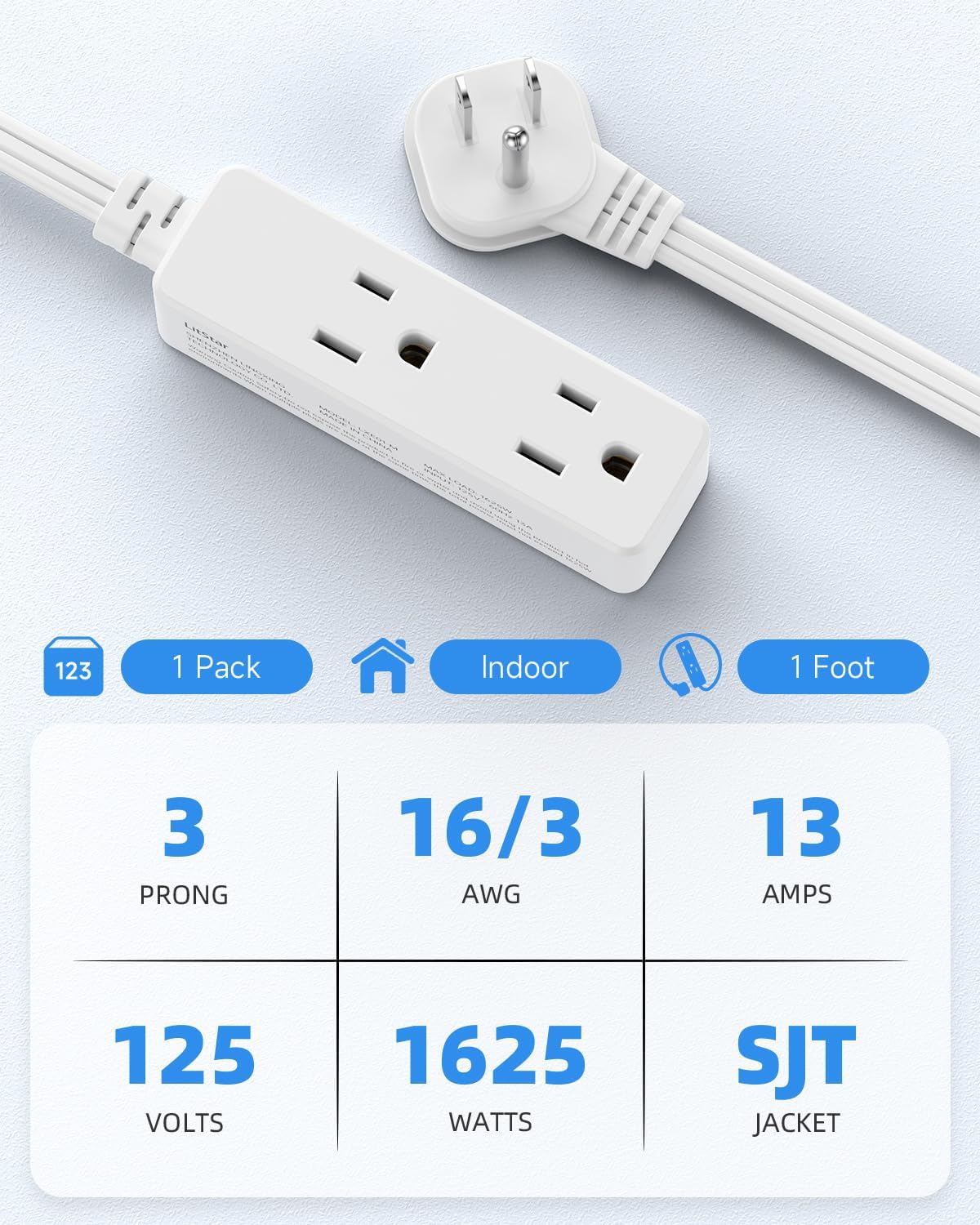 Flat Plug Extension Cord with 3 Outlets - 1 ft White Low Profile Indoor 3 Prong Grounded Power Strip for Home Office & Travel - 16/3 AWG, 13A/1625W