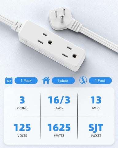 Flat Plug Extension Cord with 3 Outlets - 1 ft White Low Profile Indoor 3 Prong Grounded Power Strip for Home Office & Travel - 16/3 AWG, 13A/1625W