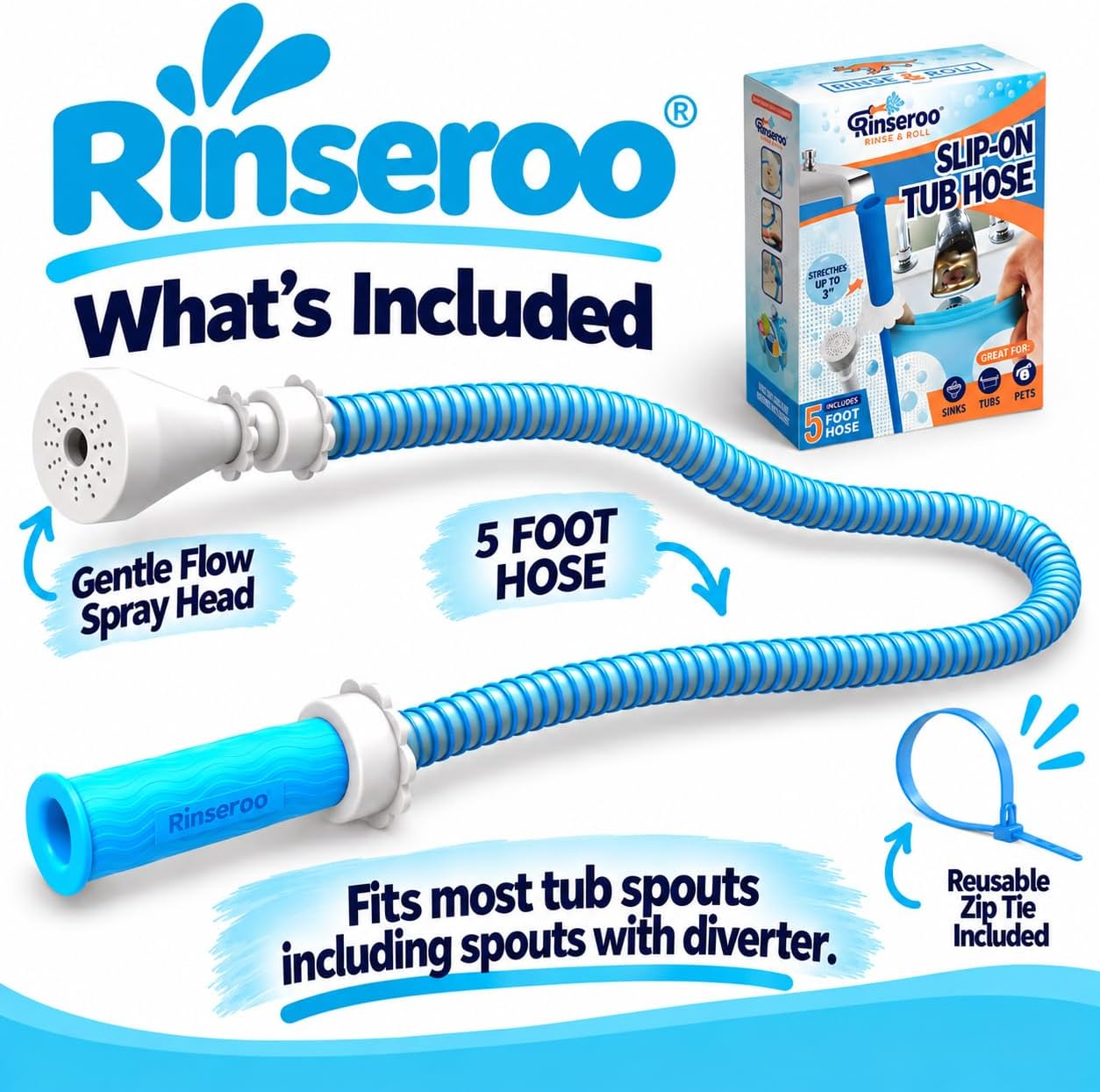 Rinseroo: Slip-On Tub Hose – As Seen on Shark Tank – 5ft Flex Bathtub Faucet Sprayer – Easy Rinse for Pets, Hair & Cleaning – No Installation Needed – Fits Faucets Up to 3” Wide – Mess-Free & Portable