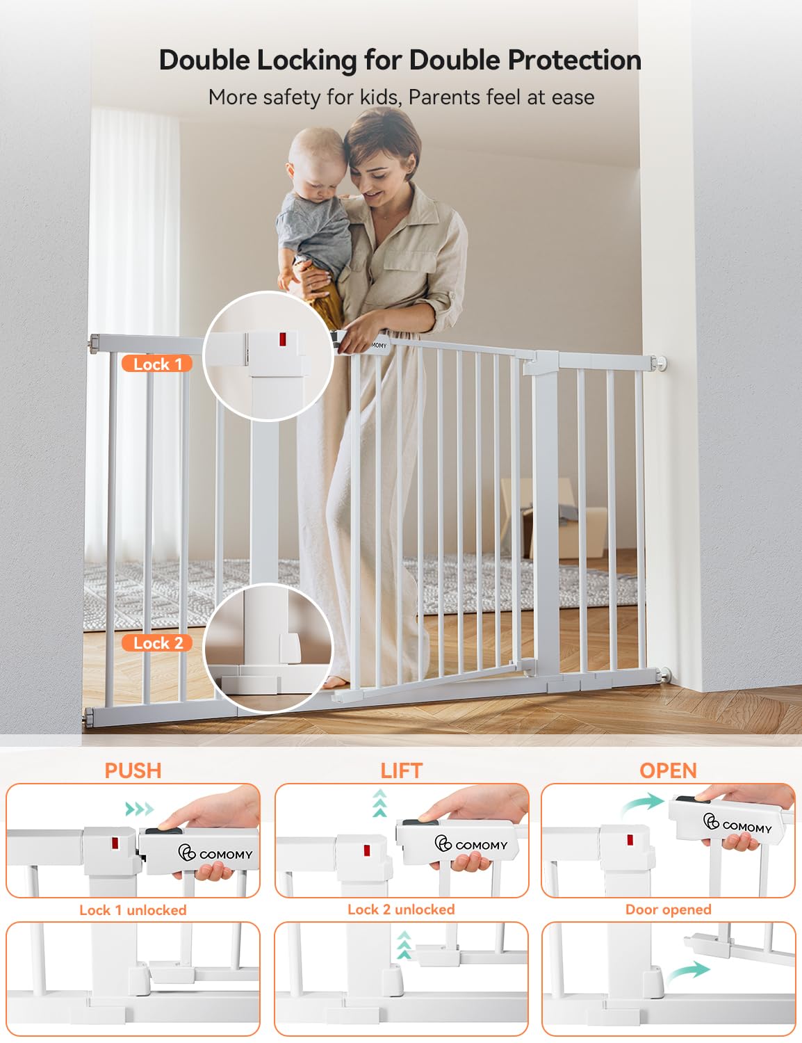COMOMY 30" Tall Baby Gate for Stairs Doorways, Fits 29.5" to 51.6" Openings