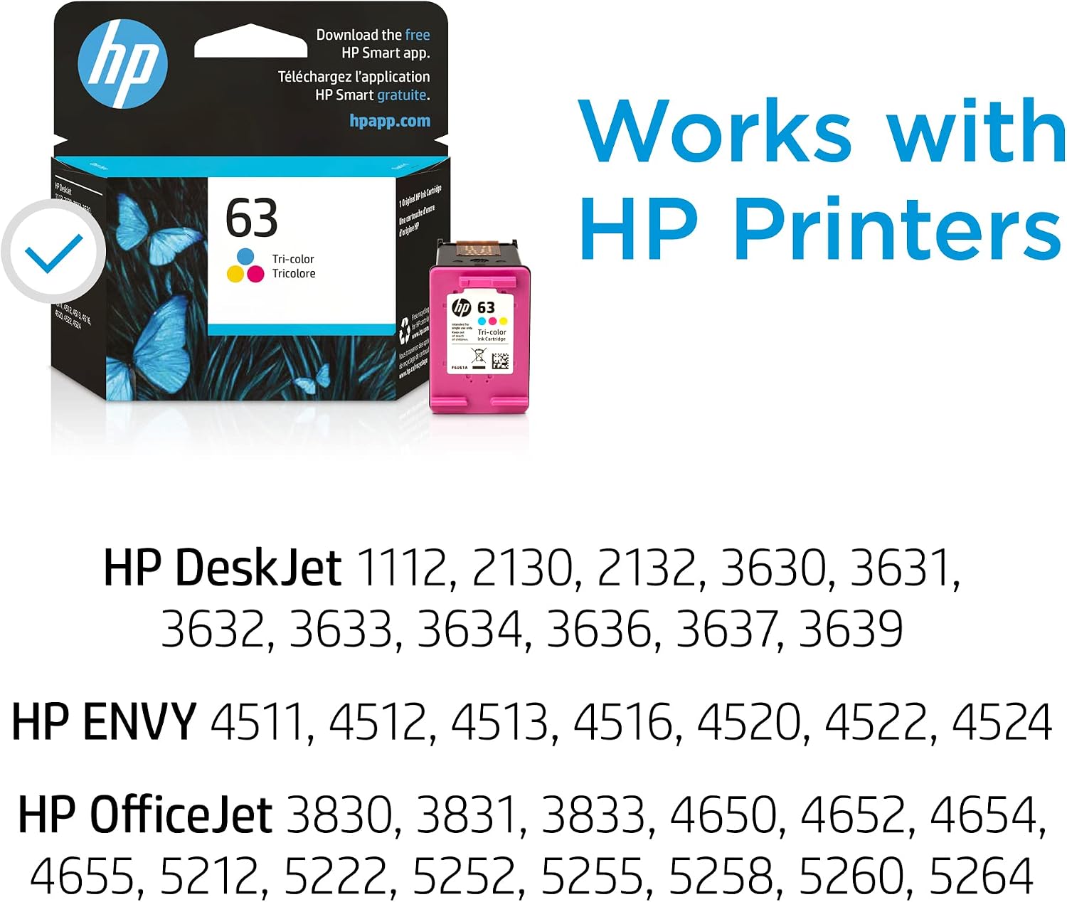 HP 63 Tri-Color Ink Cartridge, Works with DeskJet 1112, 2130, 3630, Envy 4510, 4520, OfficeJet 3830, 4650, 5200, F6U61AN