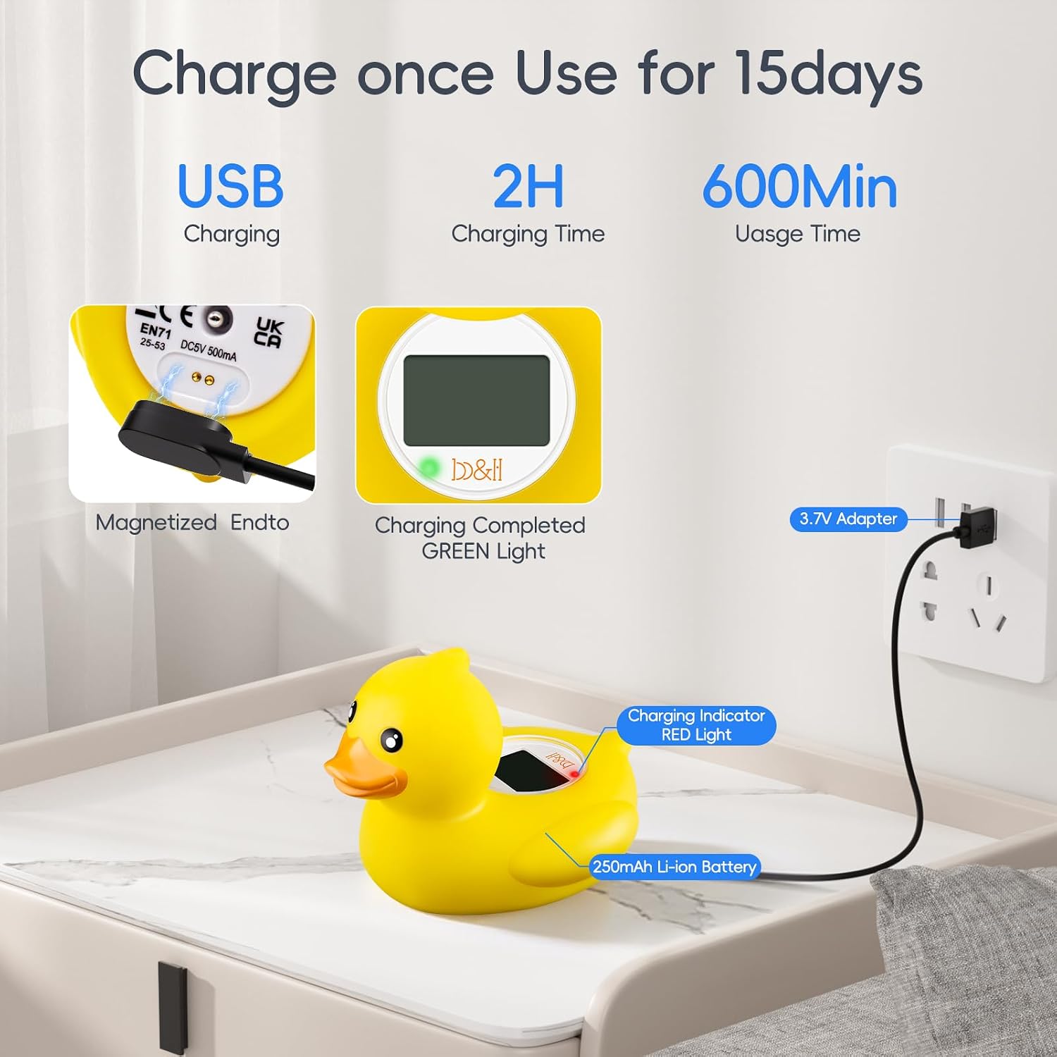 b&h Baby Bath Thermometer - USB Rechargeable (Classic Charging Duck)