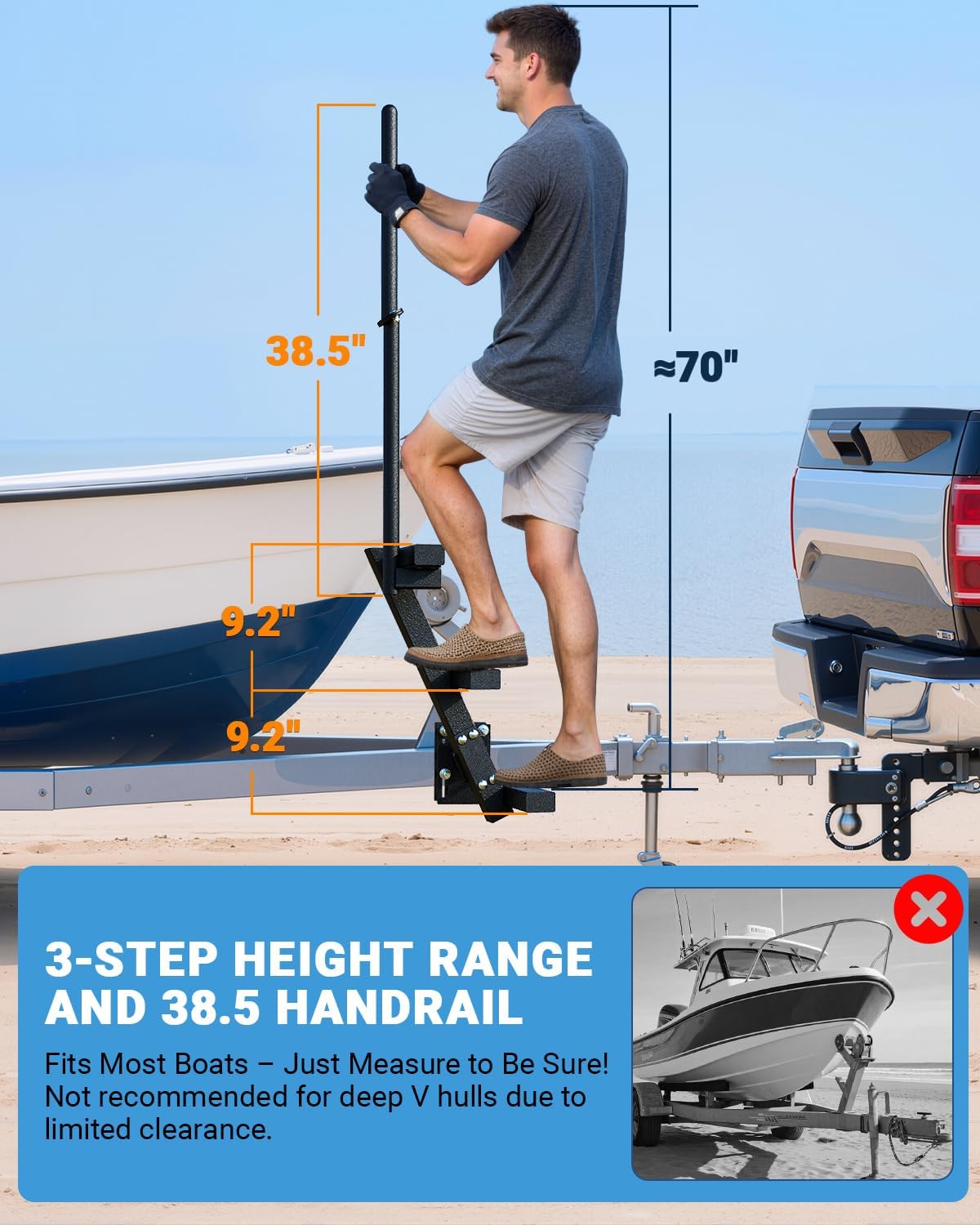 Boat Steps for Trailer Tongue with Handrail Side Mount 3-Step