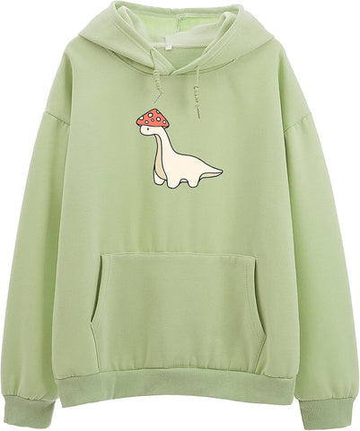 Oversized Cute Mushroom Dino Print Hoodies for Womens Kawaii Cartoon Sweatshirt Teen Cotton Fleece Sweaters
