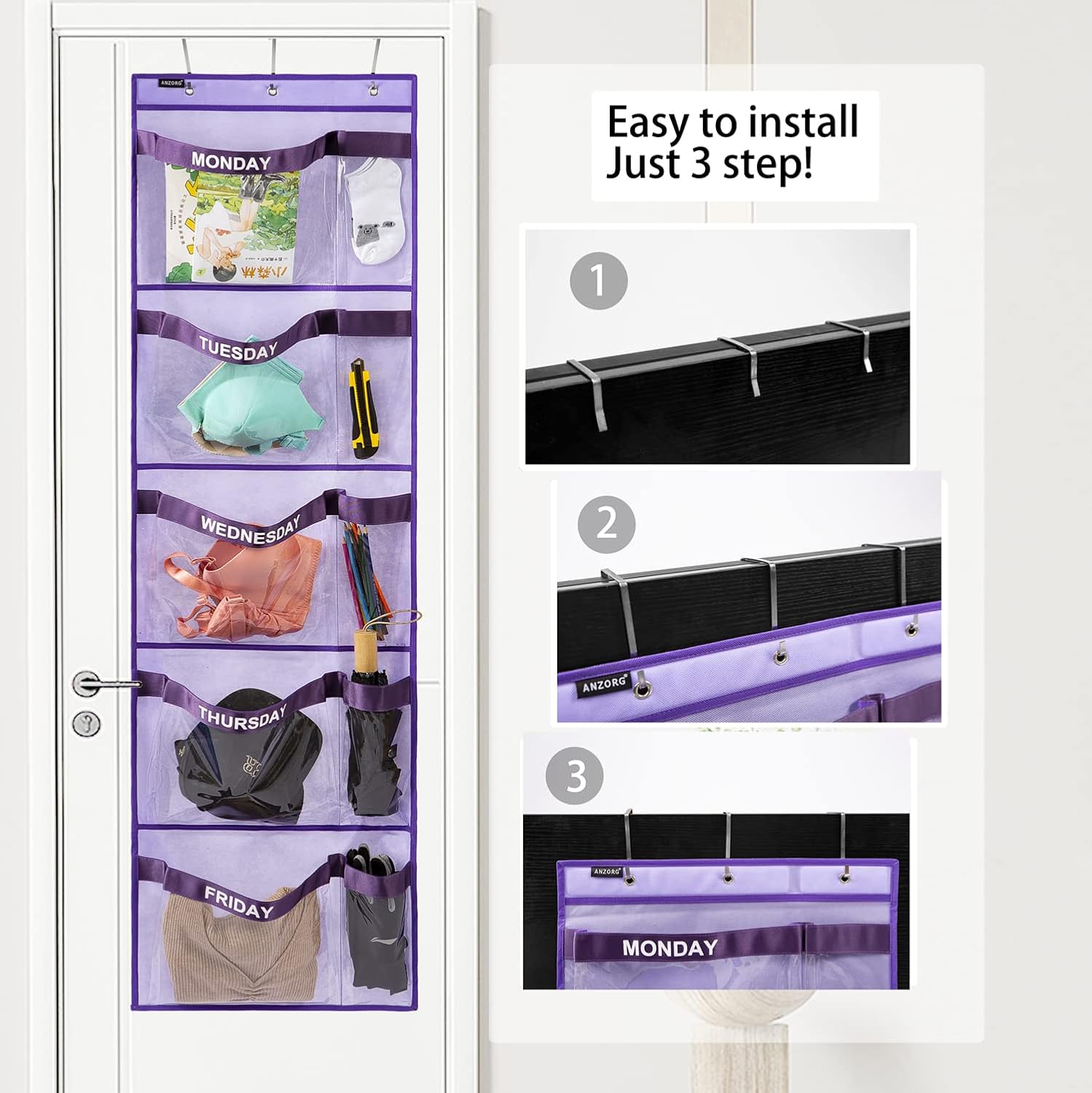 Weekly Kids Clothes Organizer Day of Week School Clothing Storage Monday to Friday Hanging Closet Organizer (Purple)