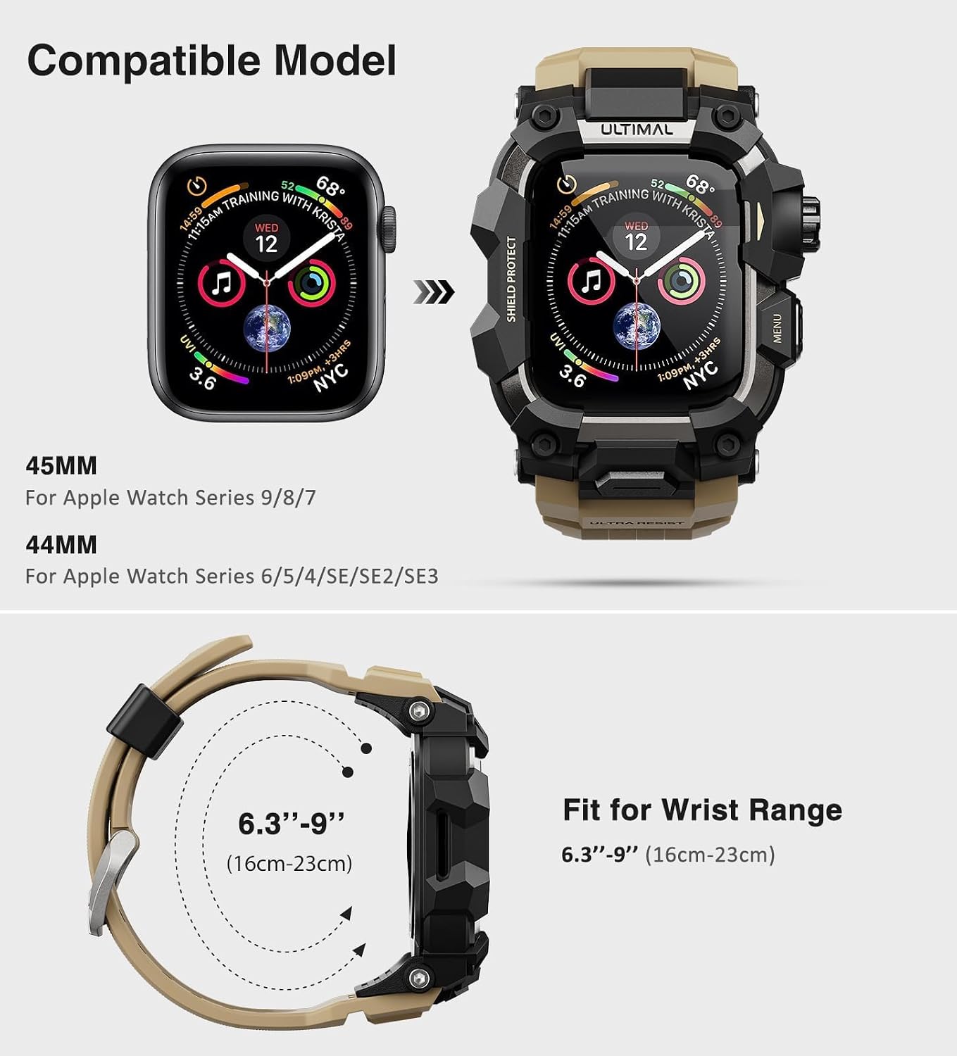 ULTIMAL Rugged Case with Band for Apple Watch 44mm,Compatible with Apple Watch Series SE 3/SE 2/SE Generation/6/5/4, Military Grade Shockproof Bumper Cover for iWatch Tactical Band Men (44mm,Desert Yellow)