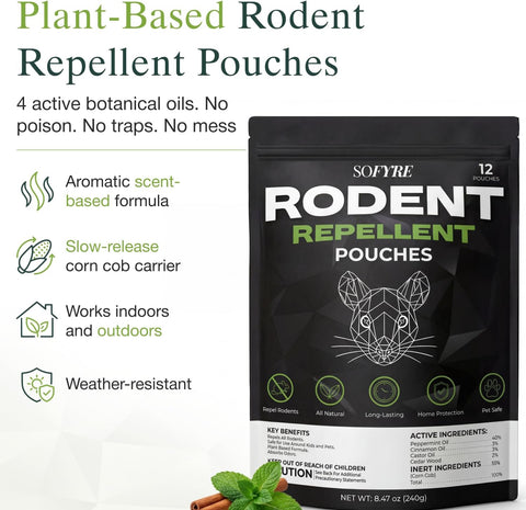SoFyre Rodent Repellent Pouches 12-Pack Mouse Repellent for Home RV Garage Car Basement, Mice Indoor & Outdoor Deterrent, Peppermint Cinnamon Cedarwood Rat Repellent, Plant-Based Natural Pest Control