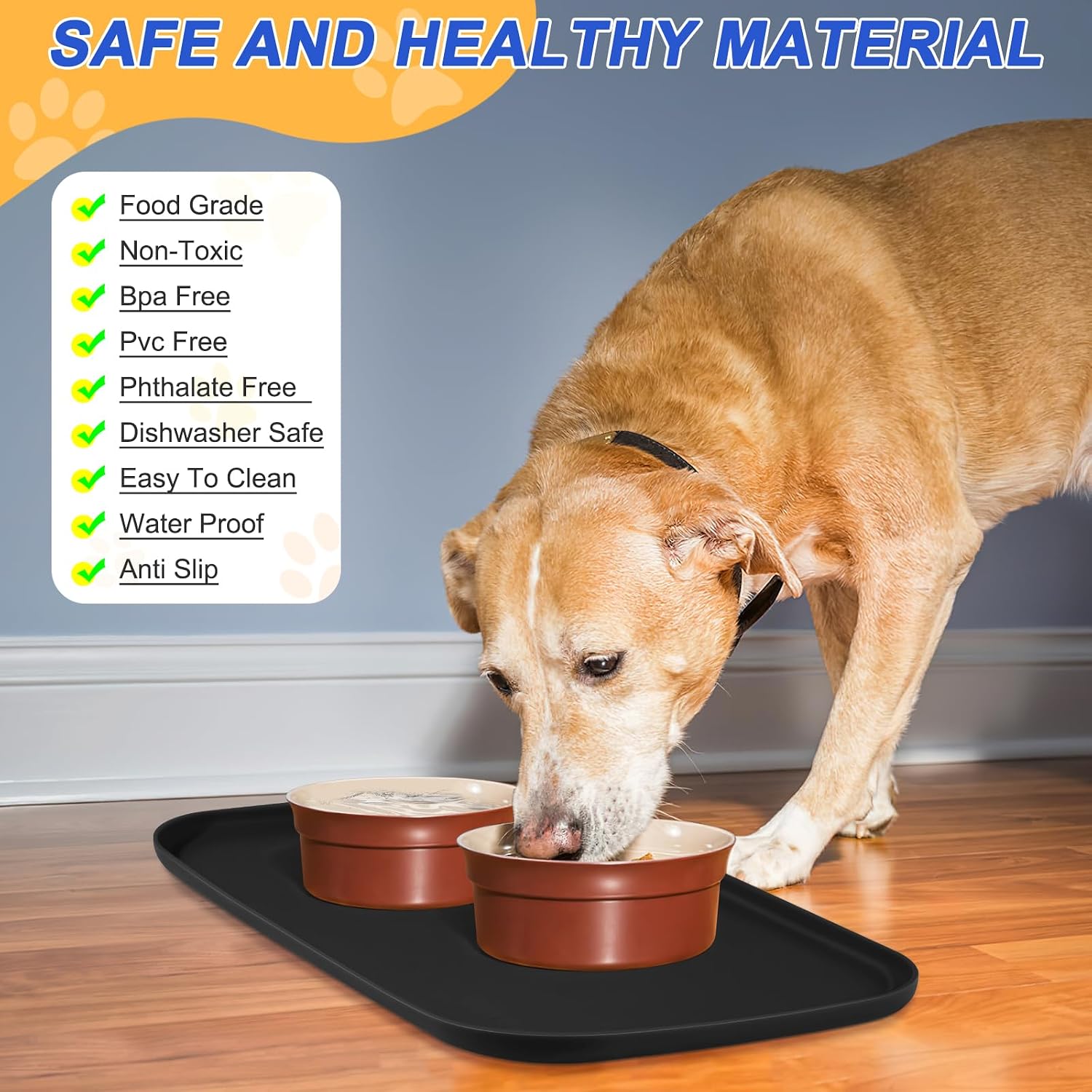 SMILOOL Waterproof Silicone Pet Food Mat with Raised Edge for Dog & Cat