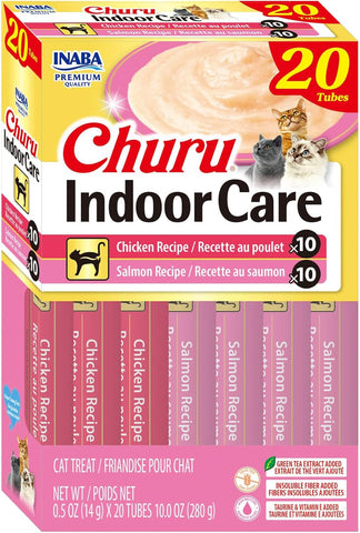 INABA Churu Indoor Care for Hairball Control, Functional Lickable Cat Treat with Taurine & Green Tea Extract, 0.5oz Each, 20 Tubes Total, Chicken & Salmon Variety