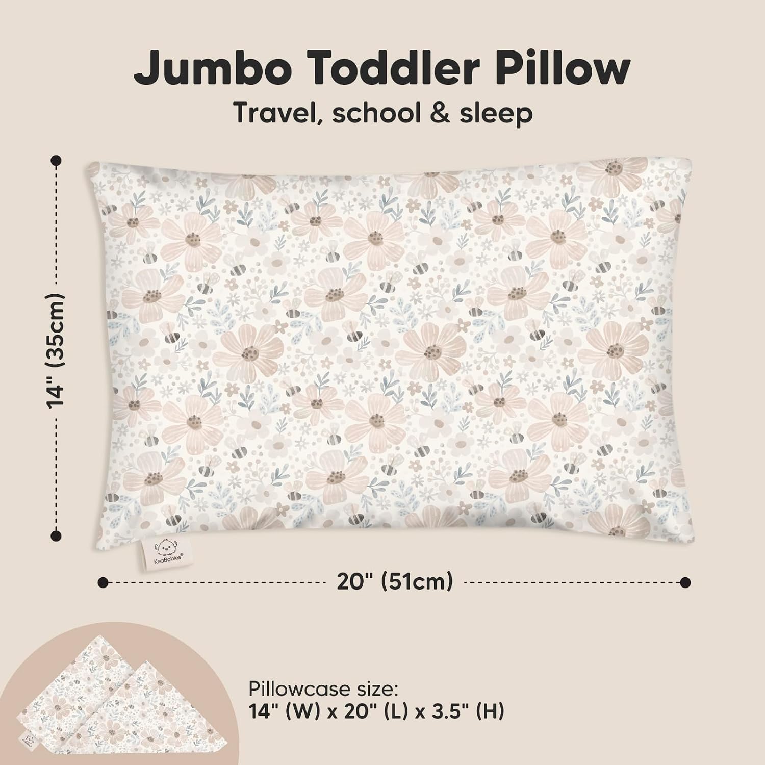 KeaBabies Organic Toddler Pillow with Pillowcase, Jumbo 14X20 (Flora Vale)