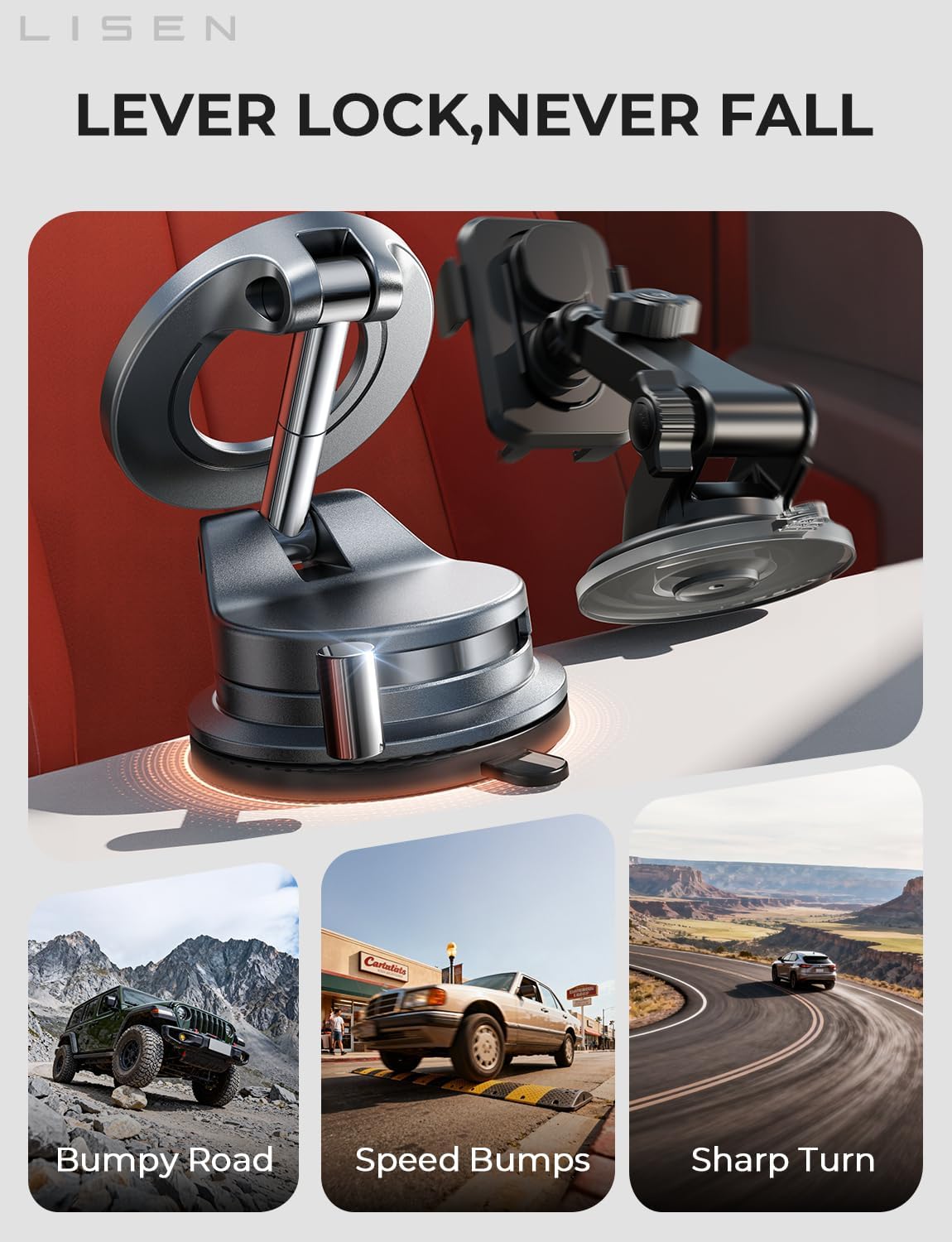 LISEN for MagSafe Car Mount [3800gf Strong Magnet & 90+LBS Suction] 360° Adjustable Vacuum Magnetic Phone Holders for Your Car, for iPhone 17 Pro Max 16 15 14 13 12 Plus Air for All Smartphones