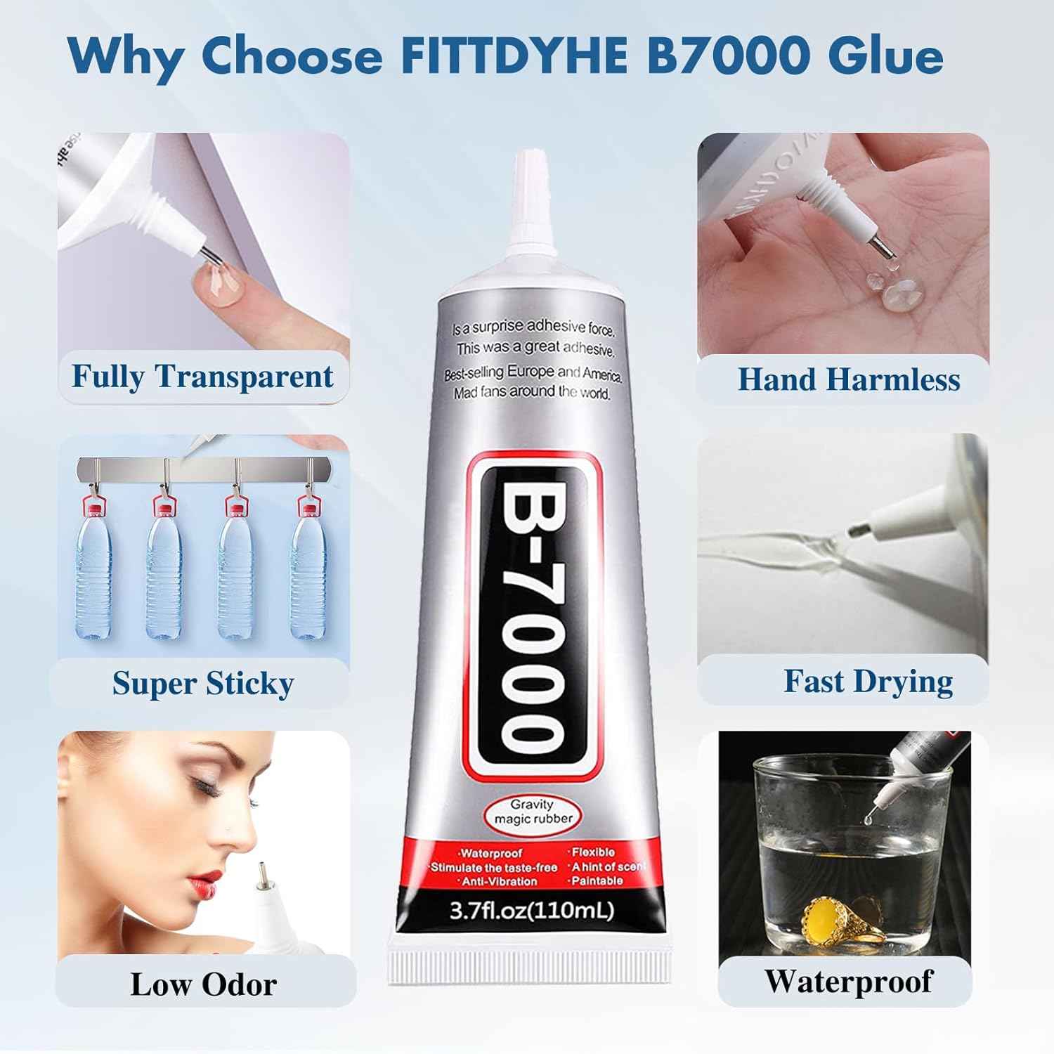 110 ml B7000 Adhesive for Crafts, Clear Glue with Spreaders and Dotting Pen Tool, Multipurpose for Rhinestones, Fabric, DIY, Makeup, Shoes, Jewelry Making, Nail Art