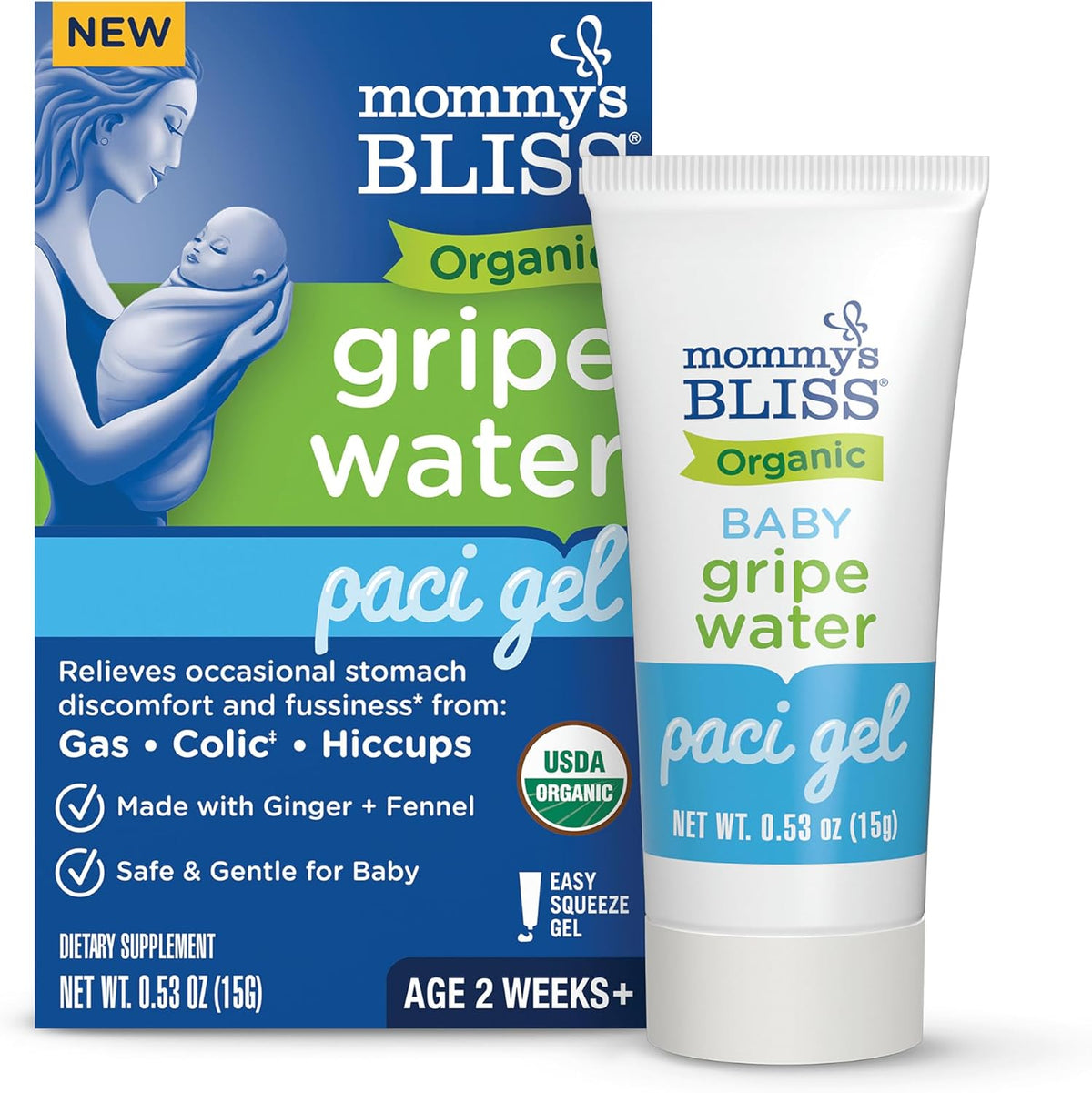Mommy's Bliss Organic Gripe Water Pacifier Gel for Newborns, Infant Gas, Colic & Fussiness*, Age 2 Weeks +, 0.53 Oz (45 Servings)