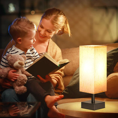 aooshine Small Bedside Table Lamp for Bedroom - Square Cream Fabric Shade