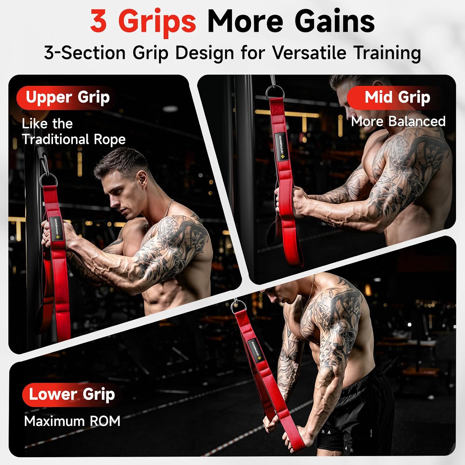 MANUEKLEAR 24-Inch 3-Grip Tricep Rope Cable Attachment for Gym Greater ROM