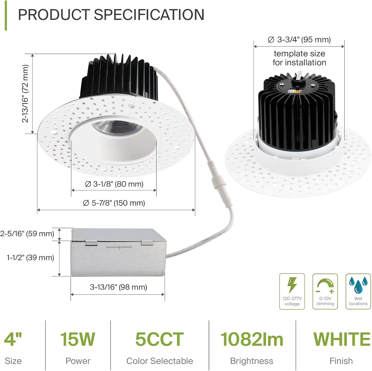 ASD 4 Inch Trimless LED Recessed Ceiling Light Fixture, 120-277V Multi-Voltage Commercial Downlight, 15W 1082 Lumens, 5CCT 2700K-5000K, 0-10V Dimmable, CRI90+, Anti-Glare, IC & Wet Rated, ETL