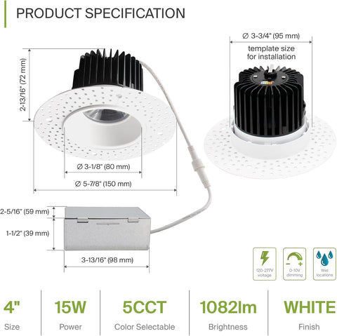 ASD 4 Inch Trimless LED Recessed Ceiling Light Fixture, 120-277V Multi-Voltage Commercial Downlight, 15W 1082 Lumens, 5CCT 2700K-5000K, 0-10V Dimmable, CRI90+, Anti-Glare, IC & Wet Rated, ETL