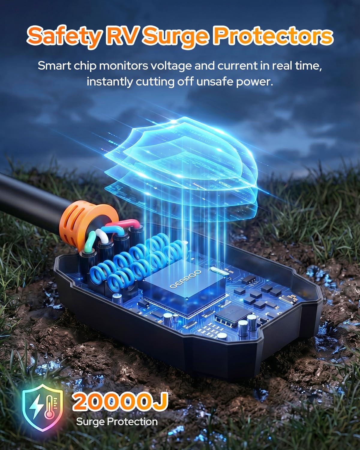 GEARGO 𝟐𝟎𝟐𝟔 Smart RV Surge Protector 50 amp with 20,000J, Auto Shutoff & Reset, Real-time LED Digital Display, IP68 50 amp rv Surge Protector, Full Circuit Analyzer for Travel Trailers