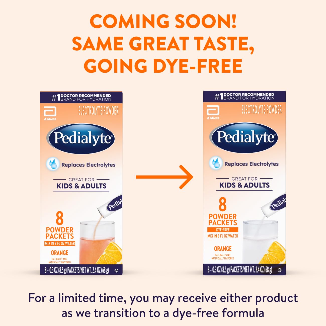 Pedialyte Electrolyte Powder, Hydration Drink for Kids & Adults, Orange, 8 Powder Packets