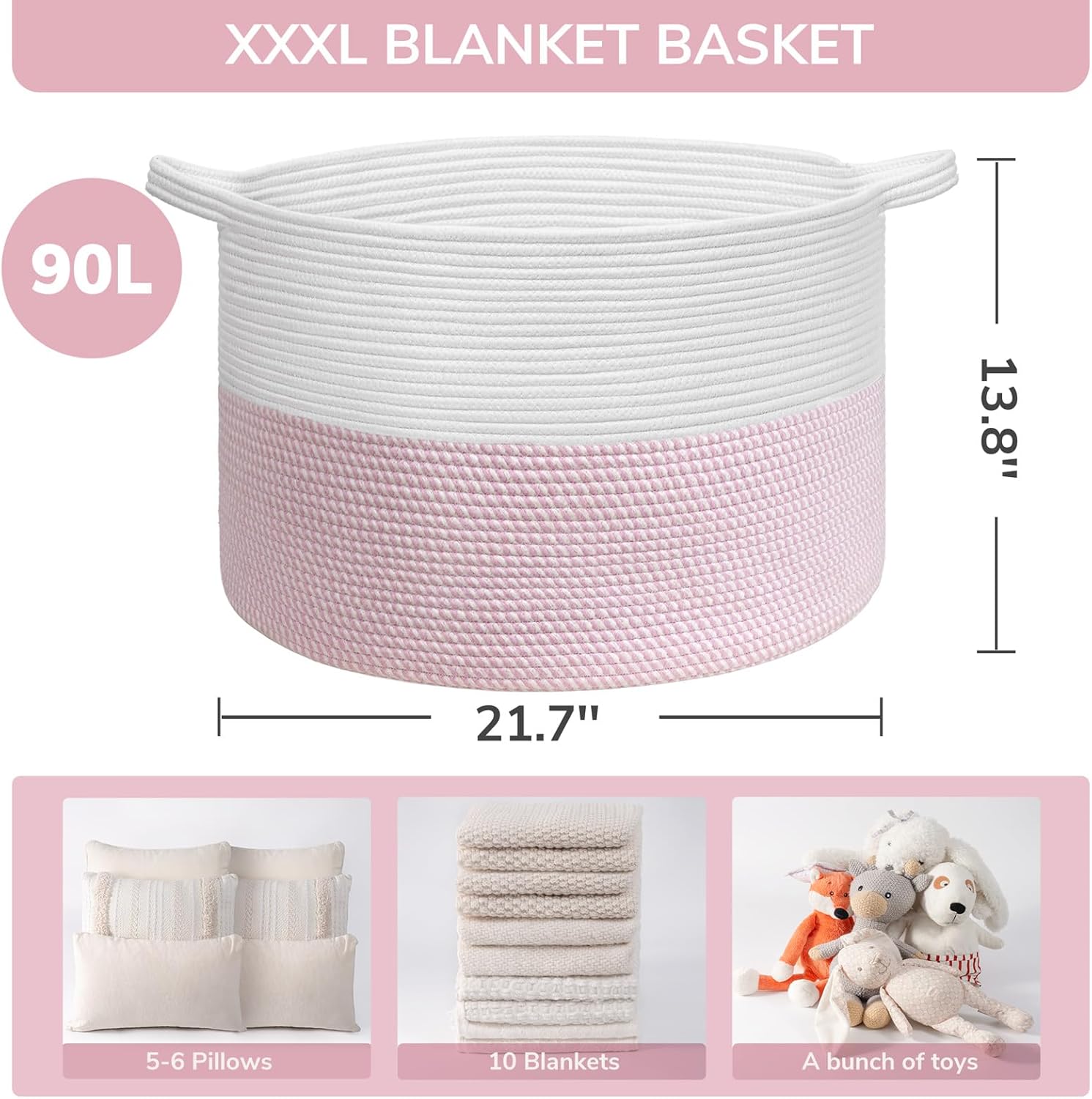 INDRESSME XXXLarge Woven Rope Blanket Basket Living Room Pink, 90L