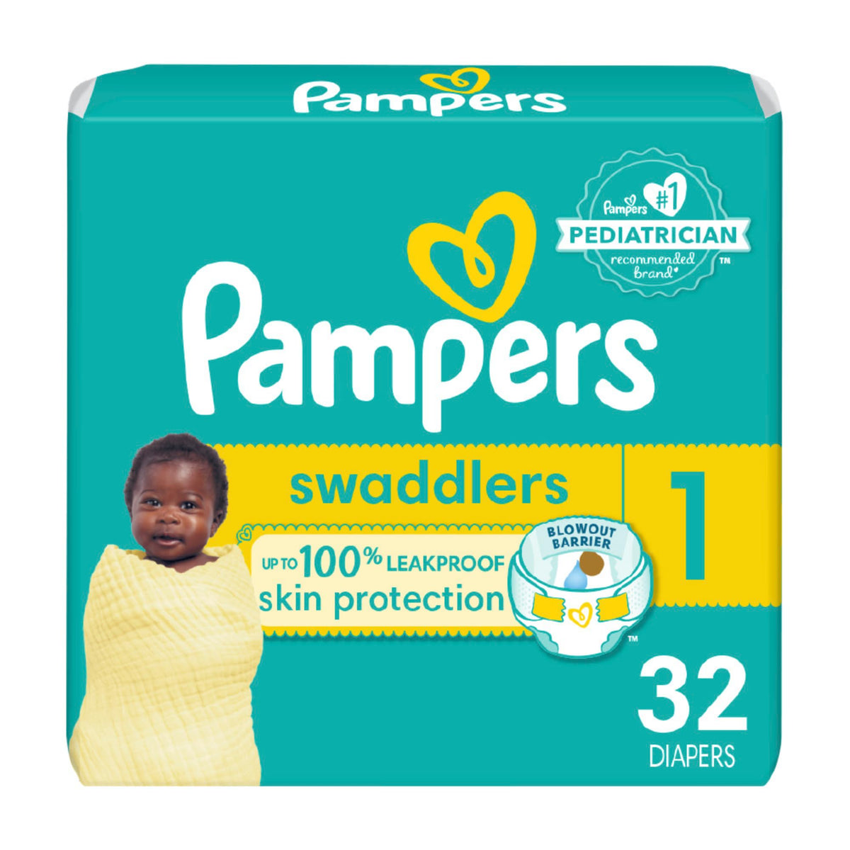 Pampers Baby Diapers - Swaddlers - Size 1, 32 Count, Ultra Soft Disposable Infant Diaper