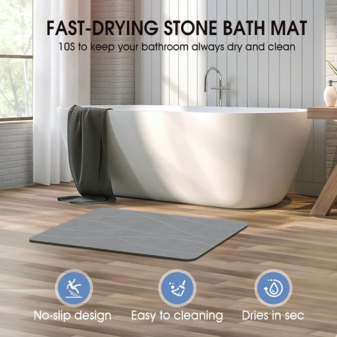 VEELOIM Stone Bath Mat Diatomaceous Earth Shower Mat Non-Slip Super Absorbent Diatomite Stone Bath Mats for Bathroom Floor Quick Drying Natural Easy to Clean(23.6''×15.4" Gray)