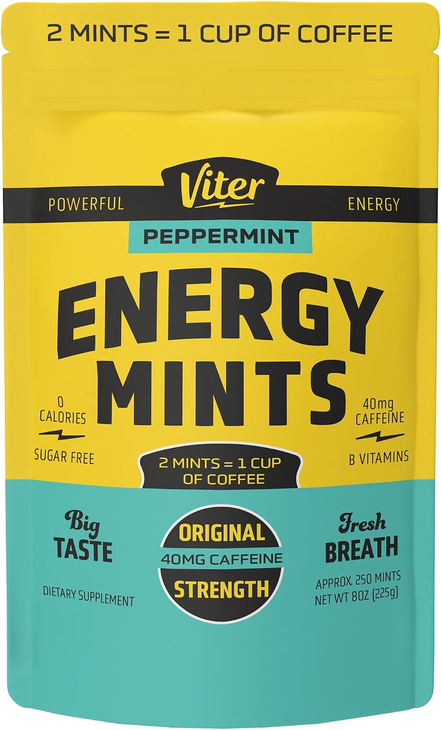 Viter Energy Caffeine Mints 40mg, Sugar Free, Peppermint, 8oz Bulk Bag