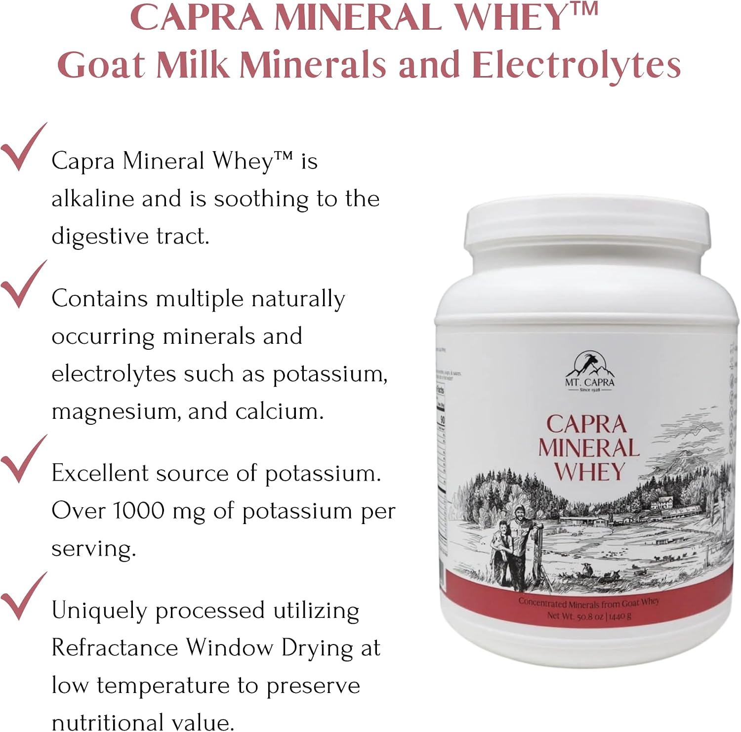 Mt. Capra Mineral Whey | A Whole Food, Bio-Available Mineral/Electrolyte Powder Supplement from Goat Milk Whey, Rich in Potassium, Alkalizing | 56 Servings - 50.8 oz