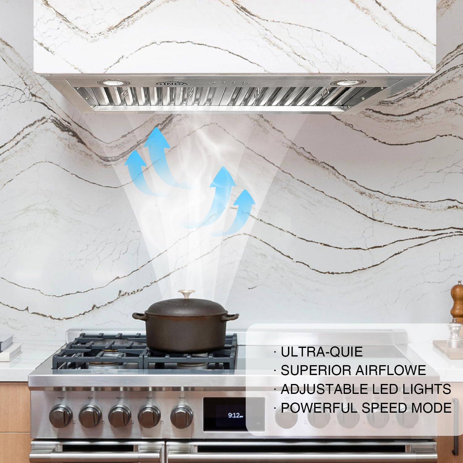 54 Inch Built-In/Insert Range Hood, 4-Speed 1260 CFM, Stainless Steel Under Cabinet Range Hood Kitchen Vent Hood with Liner and Internal Motor, 8" Duct, Adjustable Lights, Baffle Filter