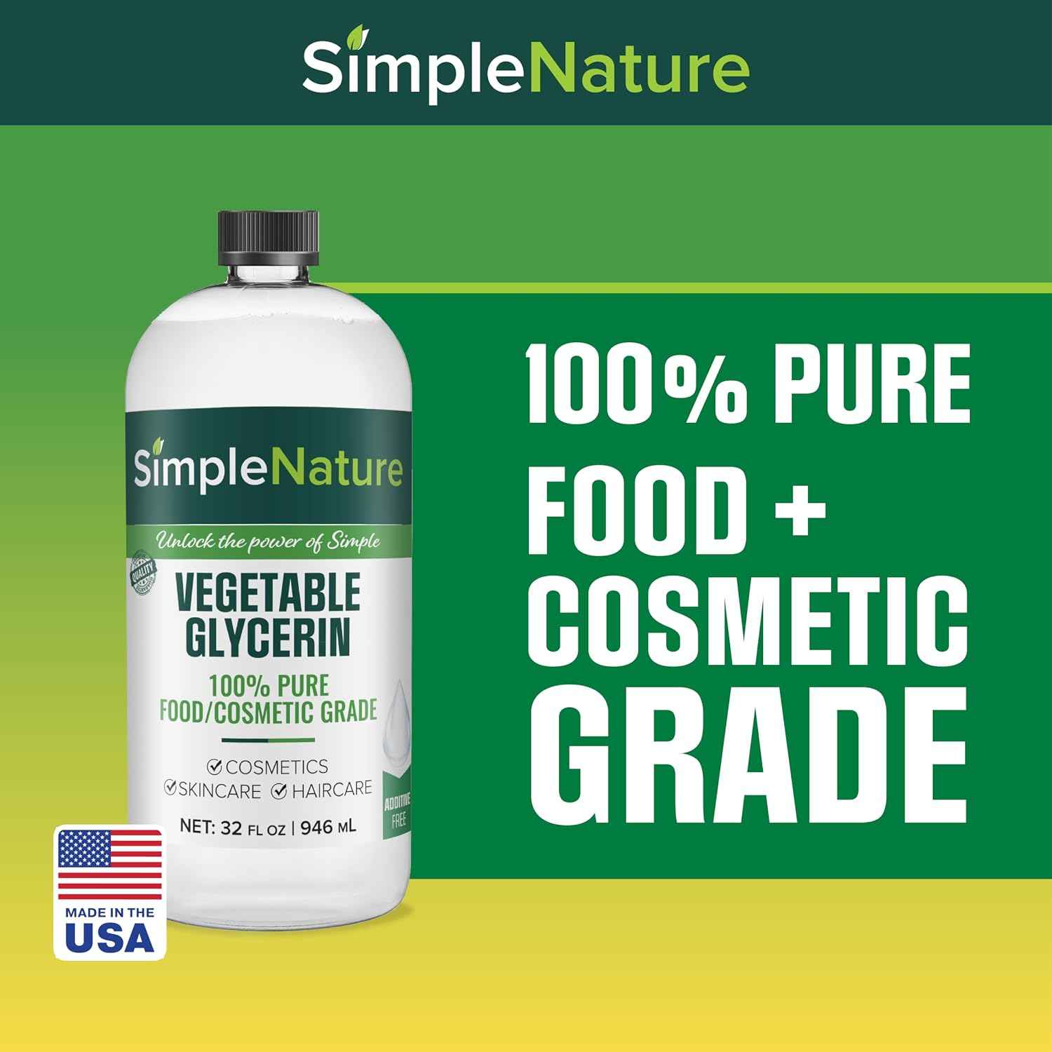 Simple Nature 100% Pure Vegetable Glycerin - 32 oz - Natural Pure Food/Cosmetic Grade for Skincare, Haircare, Cosmetics, Soapmaking, Crafts - Softening & Moisturizing Multipurpose Humectant