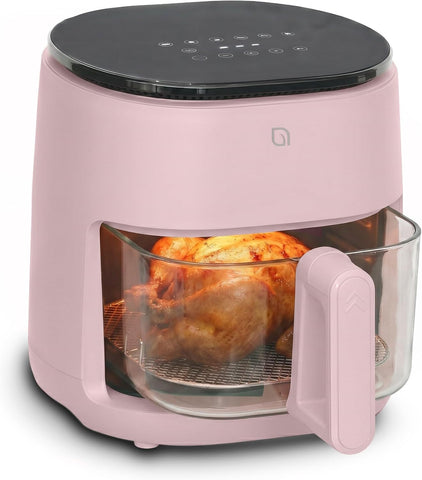 WILLOW Eco Series 6 in 1 Air Fryer with Glass Basket, 5 Quart Non Toxic Air Fryer w Digital Display, 430°F Max Temp, Preheat & Keep Warm Function, Compact + Dishwasher Safe Glass Airfryer - Pink