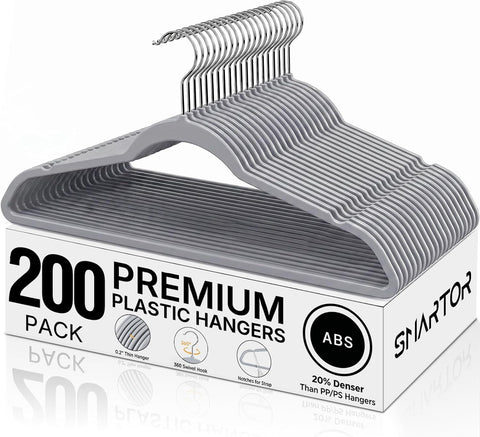 SMARTOR Plastic Hangers 200 Pack - Thin Hangers for Space Saving - Gray