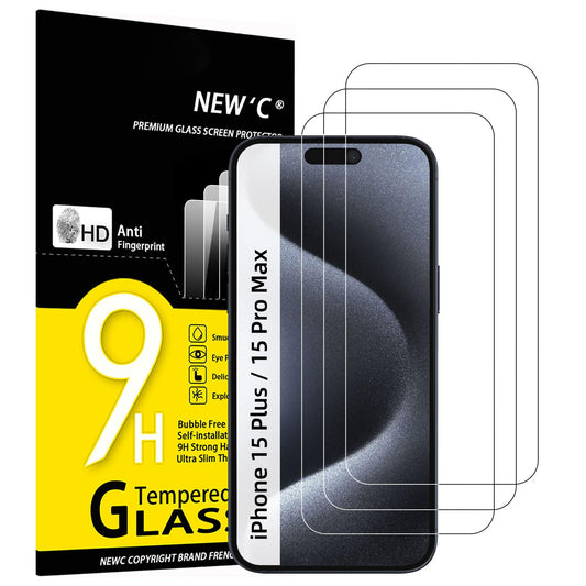 NEW'C [3 Pack Designed for iPhone 15 Pro Max/ 15 Plus (6.7 Inch) Screen Protector Tempered Glass,Case Friendly Ultra Resistant