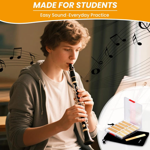10 Pack Bb Clarinet Reeds Strength 2.5 – Natural Cane Reeds for Clarinet, Beginner & Student Practice Reeds with Velvet Bag & Protective Case, B Flat Replacement Clarinet Reeds