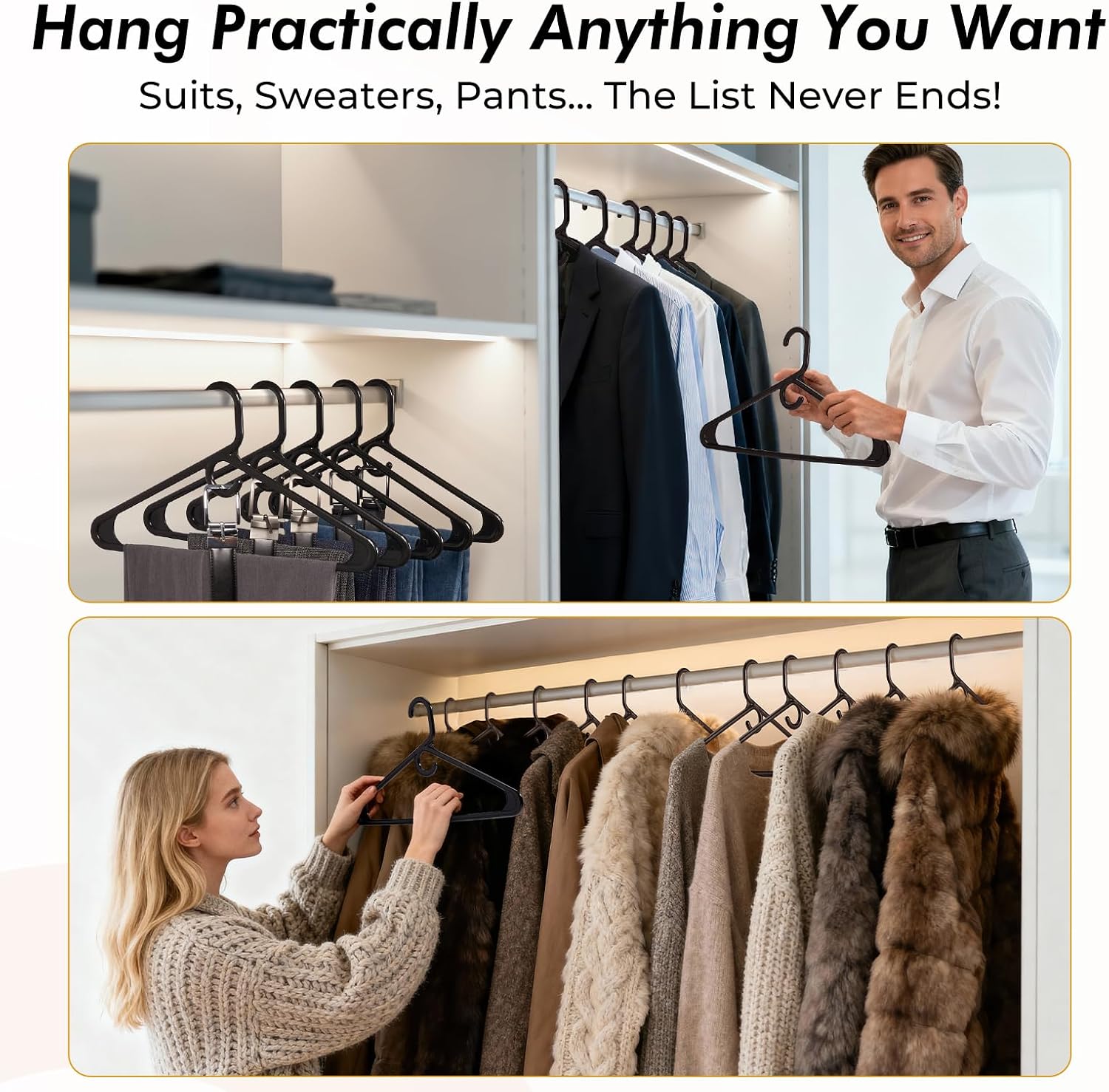 HOUSE DAY Heavy Duty Plastic Hangers 76 Pack - Thick Black Clothes Hangers