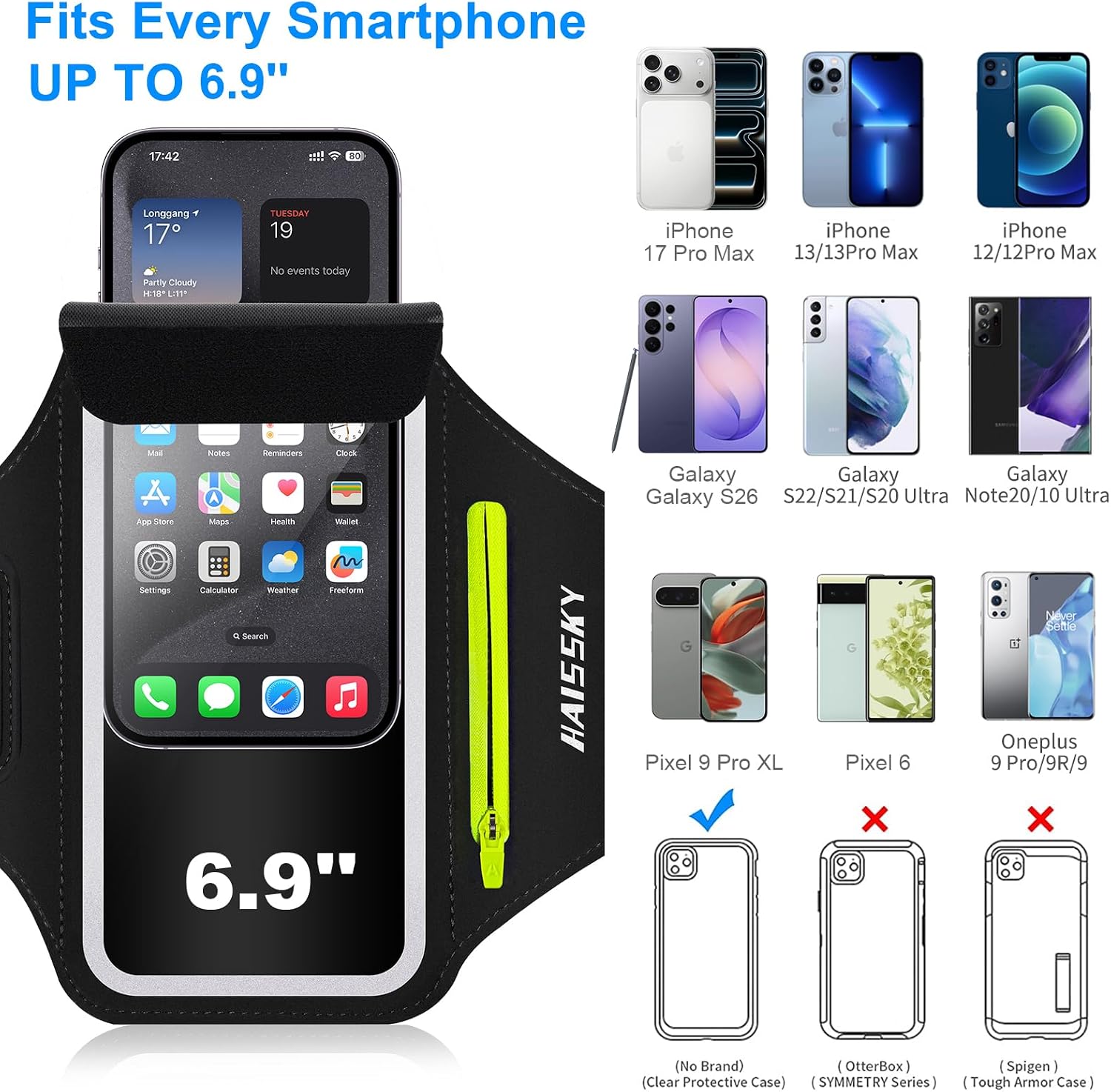 Running Armband with Earphone Bag Cell Phone Armband for iPhone 16 15 Pro 14 Plus 13 11 XR XS, Galaxy S24/S10 Water Resistant Sports Phone Holder Case & Zipper Slot Car Key Holder for 6.9 inch Phone