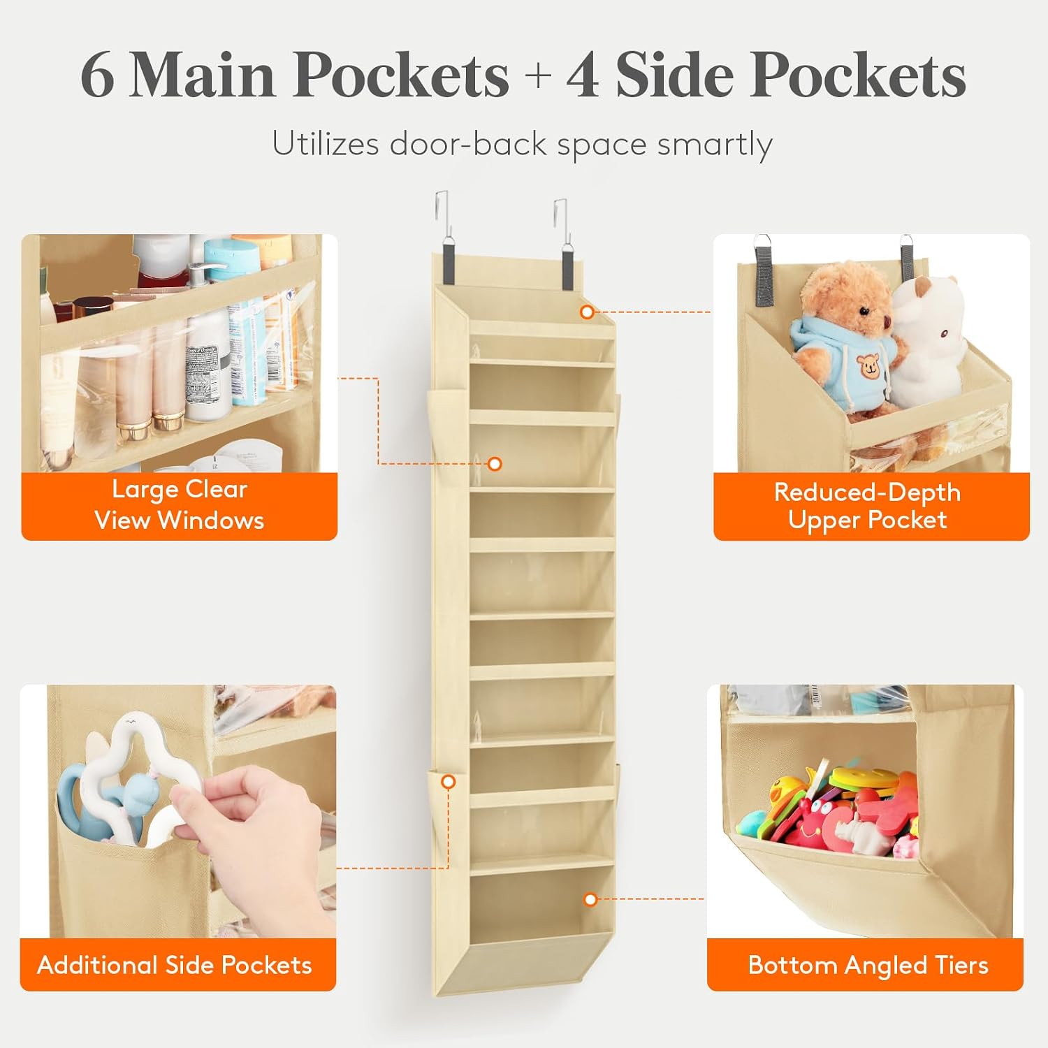 Lifewit 1 Pack Over the Door Organizer, 6 Section Hanging Storage, Beige