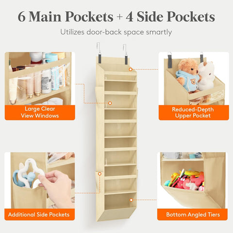 Lifewit 1 Pack Over the Door Organizer, 6 Section Hanging Storage, Beige