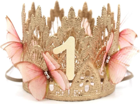 LOVECRUSH Crowns Fairy First Birthday Rose Gold Butterfly Crown, 1st Butterfly Tiara, Baby Girl, Cake Smash, Handmade USA