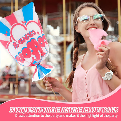 50 Pcs Cotton Candy Bags with Ties, 12" x 18" Clear Printed Bags