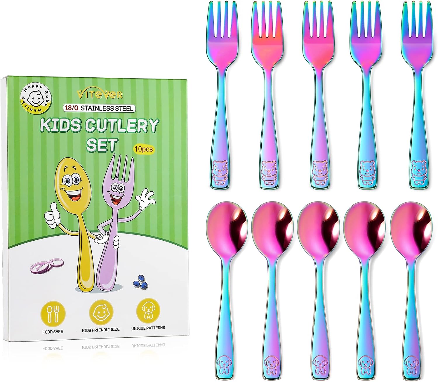 VITEVER 10 Pack Toddler Utensils, Stainless Steel Rainbow Silverware Set for Kids, Children Safe Cutlery Set Includes Forks and Spoons - Dishwasher Safe