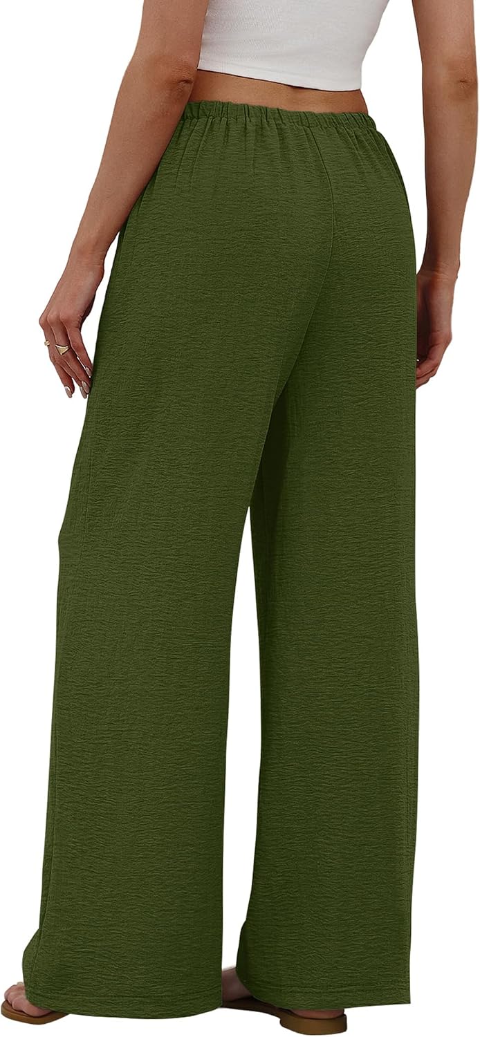 Sampeel Wide Leg Pants for Women Flowy Palazzo Drawstring Elastic Waist Trousers with Pockets Summer Beach Vacation Clothes