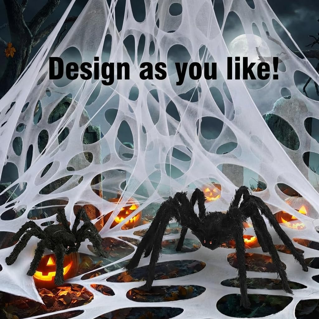 2000 Sqft （After Streched with Holes） Uncut Giant Spider Web Halloween Decorations Outdoor with 10 Ground Nails Stretchy Beef Cloth Netting Cut-Your-Own Flexible Elastic for Yard Party Decor